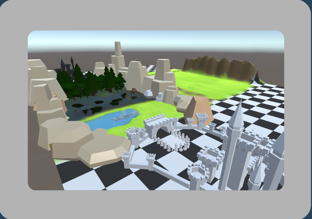 Overview of a virtual polygon castle looking over a forest.