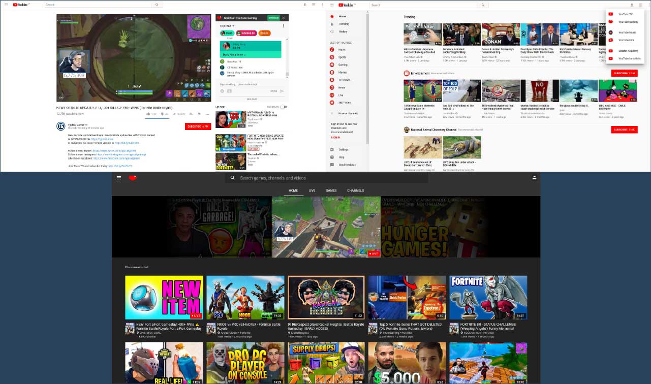 Youtube currently on main page, gaming page, and stream